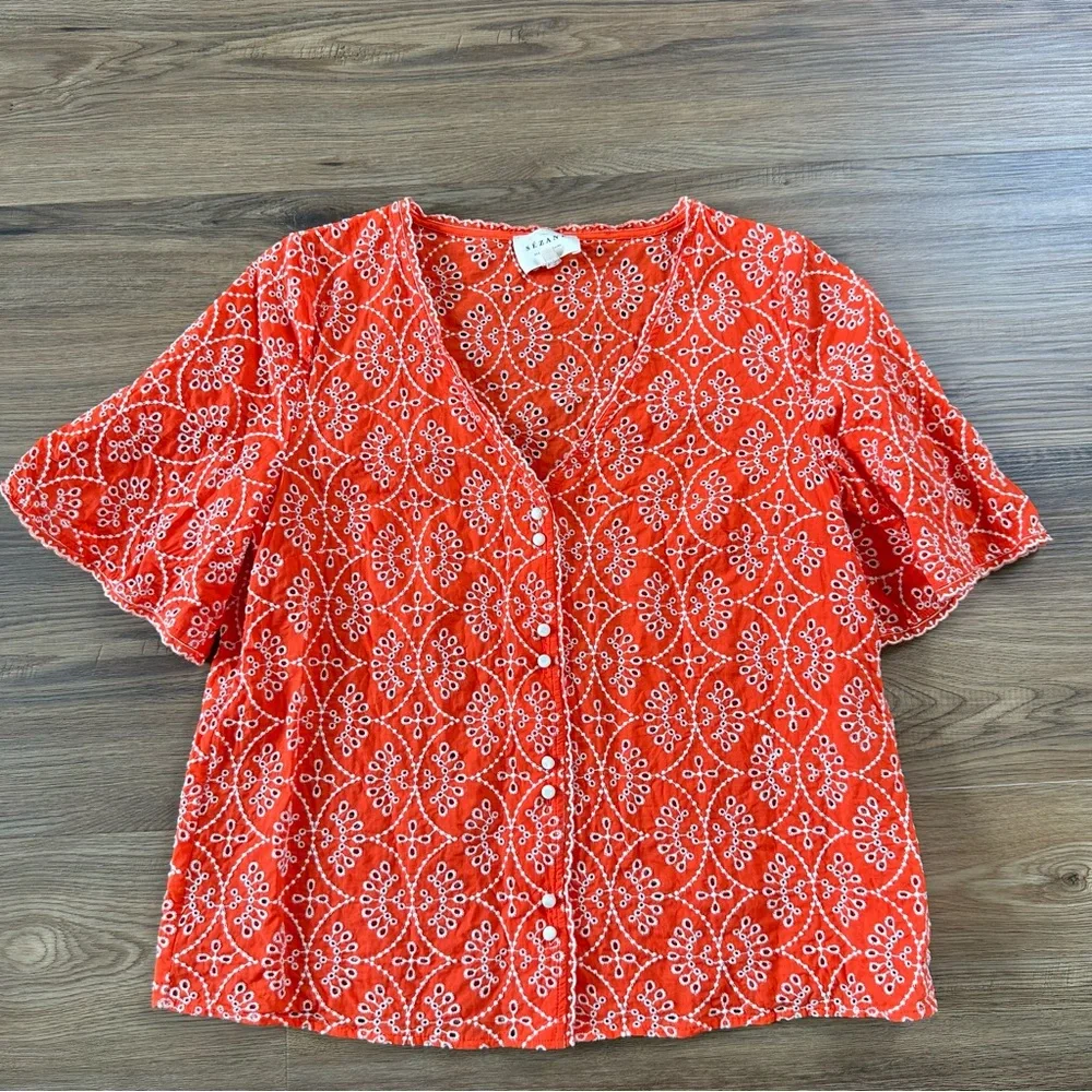 Sezane Antika Blouse Ecru On Coral 38 Fr US 6 Embroidered Button V-Neck Eyelet - Picture 1 of 11